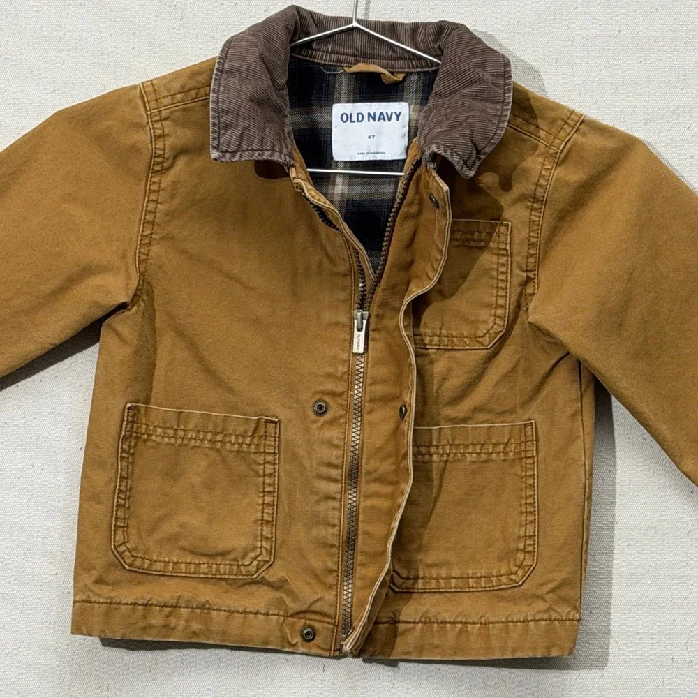 Old Navy Chore Coat barn jacket Kids 4T Canvas Plaid Lined Corduroy Collar